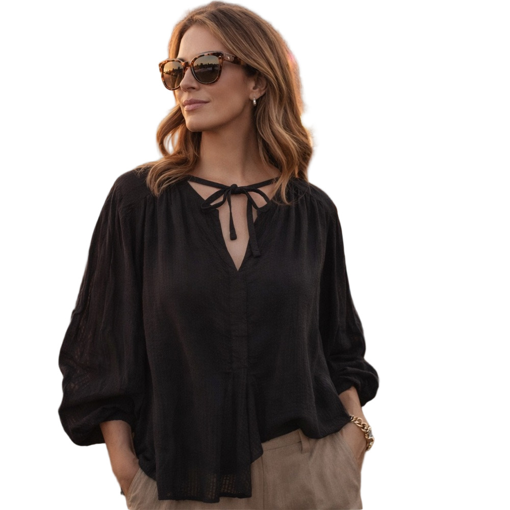 Bimba Y Lola Black Bishop Sleeve Peasant Blouse Top Small Pleated Boho Romantic